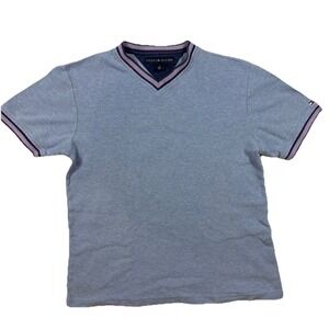 Preown Tommy Hilfiger Shirt Mens Blue White Flag Logo V Neck Preppy Tee Adult M